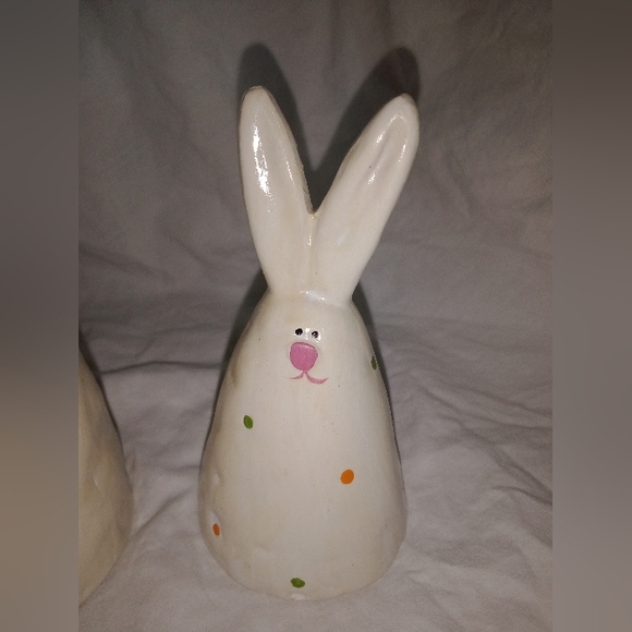 Vintage Easter Clay Bunny Rabbits Polka Dot Primitive Set of 2 Holiday Decor Art - Picture 2 of 11